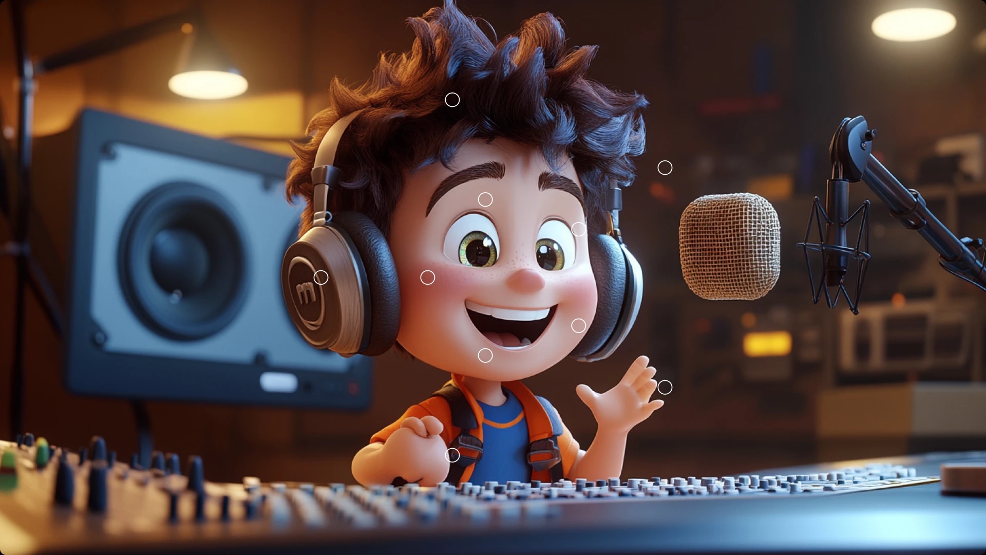 A animated boy with curly hair wearing headphones, sitting at a sound mixing console in a recording studio, smiling and speaking into a microphone.