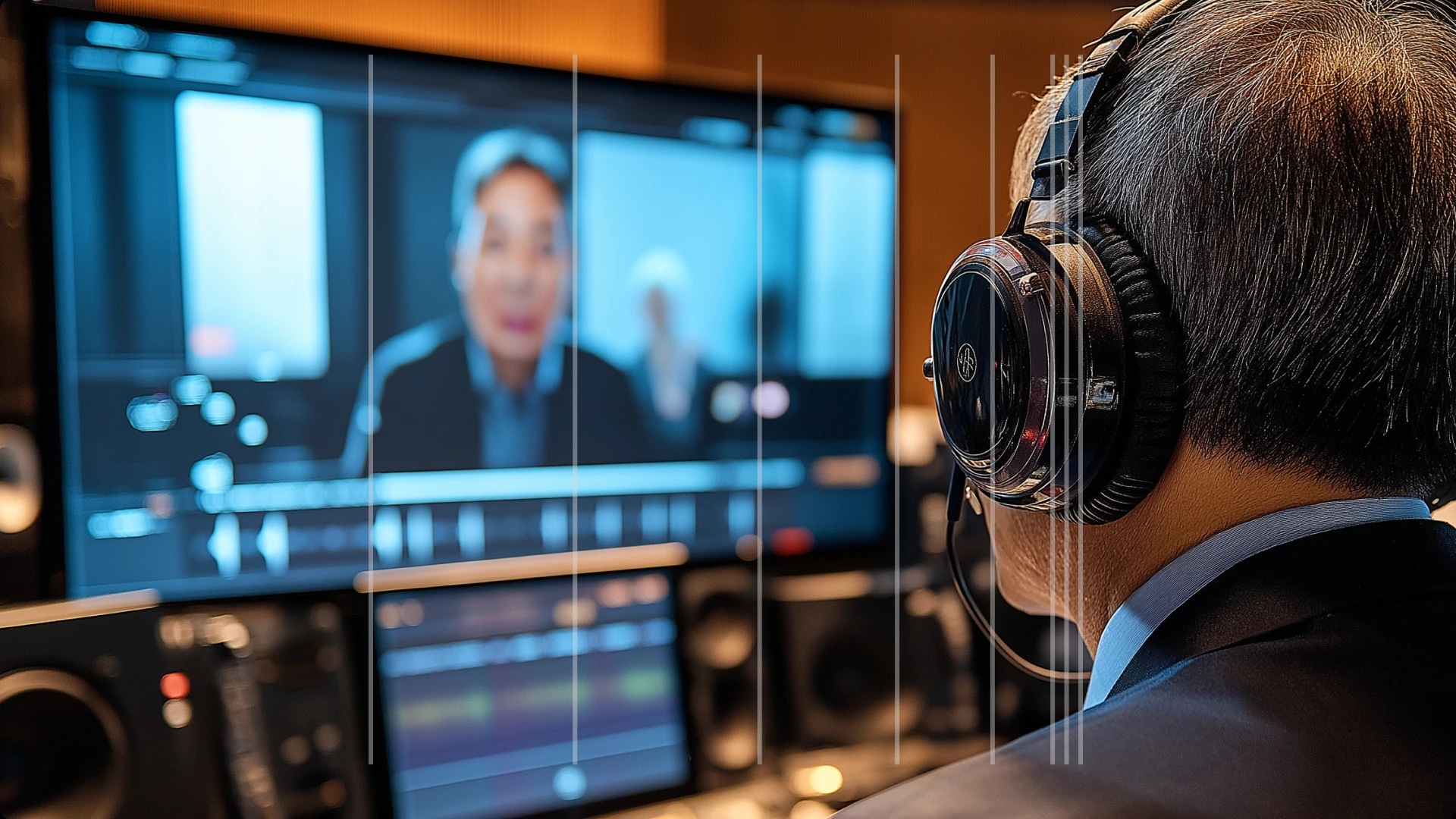 A person wearing headphones working on video editing with a blurred woman on a computer screen in the background.